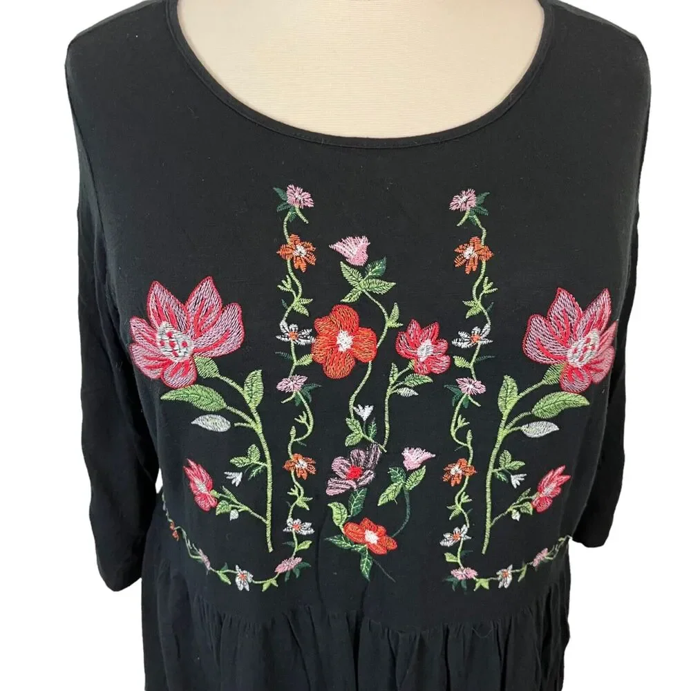 Adiva Women's Embroidered Babydoll Flounce Tunic Top Floral Pink Black Size 1X